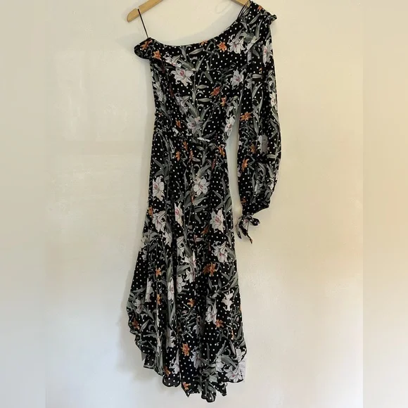 🌺 NWT MLM LABEL One Shoulder Dress Midi Sonata Black Floral Asteria Collection - Picture 2 of 9